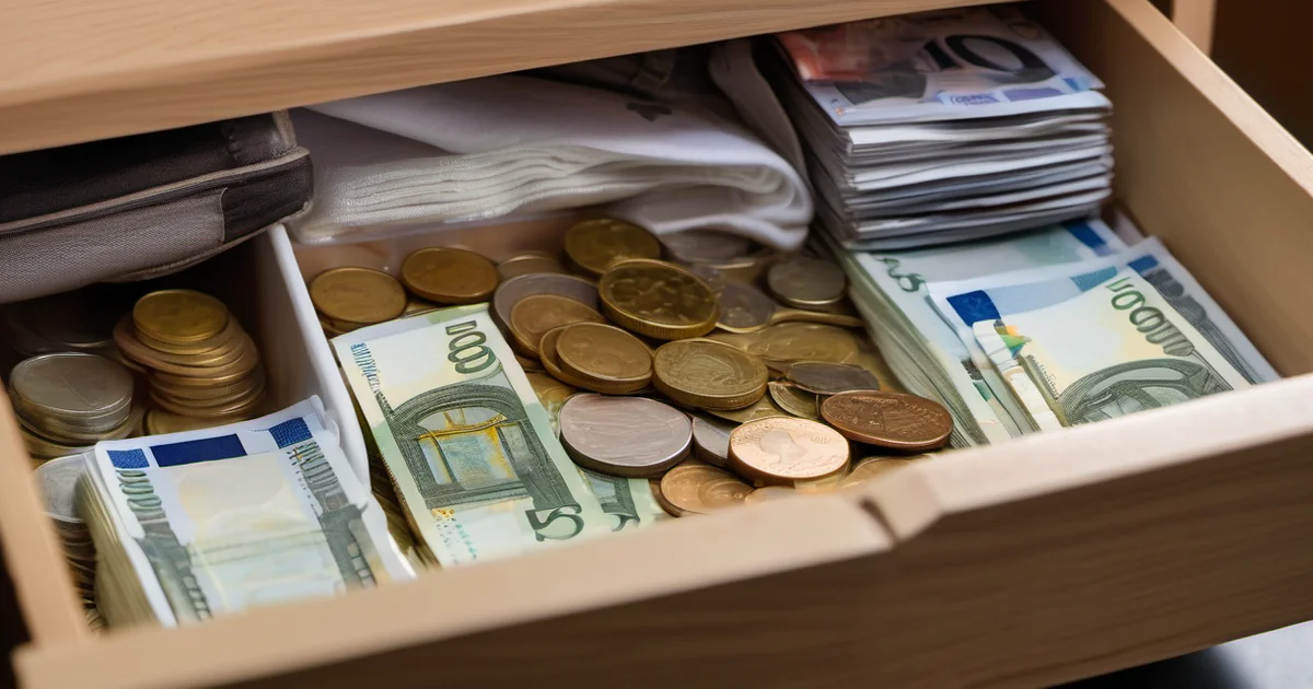 Euro-Scheine und Münzen gestapelt auf einem Tisch als Bargeldvorrat für den Notfall
