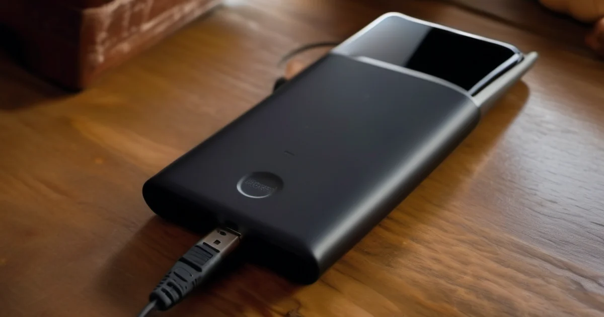 Powerbank lädt ein Smartphone während eines Stromausfalls im verdunkelten Wohnzimmer