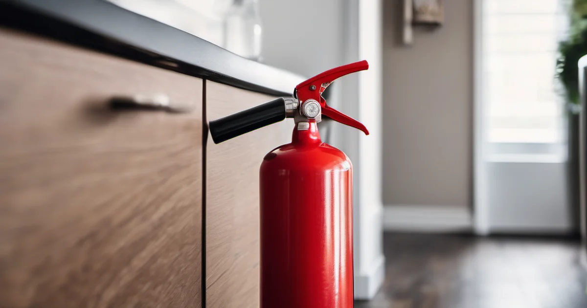 Roter Feuerlöscher an der Wand einer deutschen Wohnungsküche, daneben eine Löschdecke — bester Feuerlöscher für Zuhause