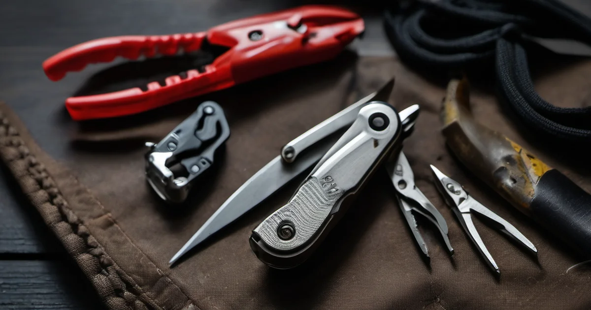 Geöffnetes Multitool aus Edelstahl auf einem Holztisch
