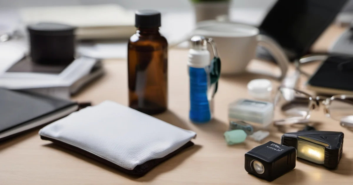 Büroschublade mit Taschenlampe, Powerbank, Erste-Hilfe-Set, Energieriegeln und Rettungsdecke als Notfallausrüstung am Arbeitsplatz