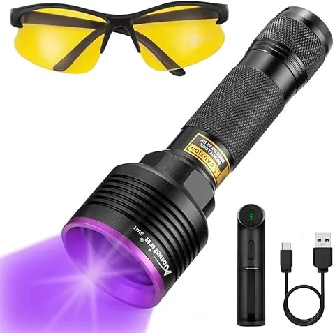 Alonefire SV41 UV-Taschenlampe 10W 395nm, professionell, leistungsstark, wiederaufladbar per USB, Ultraviolett-Schwarzlicht, Urin-Detektor für Harz, Angeln, Skorpione, Mineralien, mit UV-Schutzbrille, Akku, Ladegerät