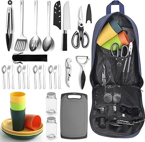 Berglander Camping-Geschirr-Set mit Besteck und Teller, Tassen, Geschirr, Camping-Zubehör, Kochgeschirr für Camping, für Picknick, Grillen und Camping